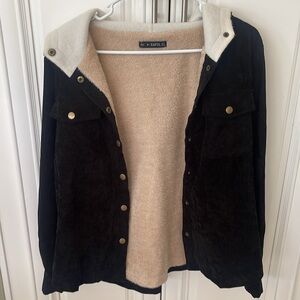 Zaful Women's Hooded Corduroy faux fur black Shirt Jacket M